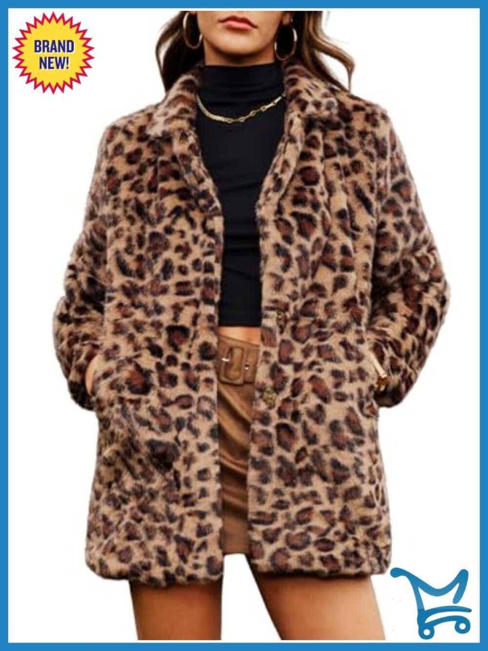 Faux Fur Leopard Long Winter Coat with Pockets Notch Lapel